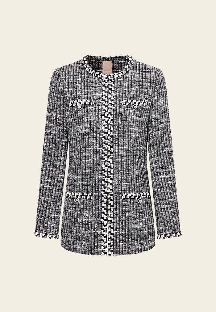 Patch-pocket Ribbed-knit Mixed Tweed Short Coat