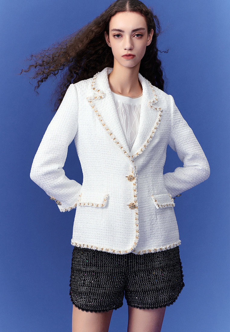Gold-trimmed White Tweed Lapel Blazer – MOISELLE