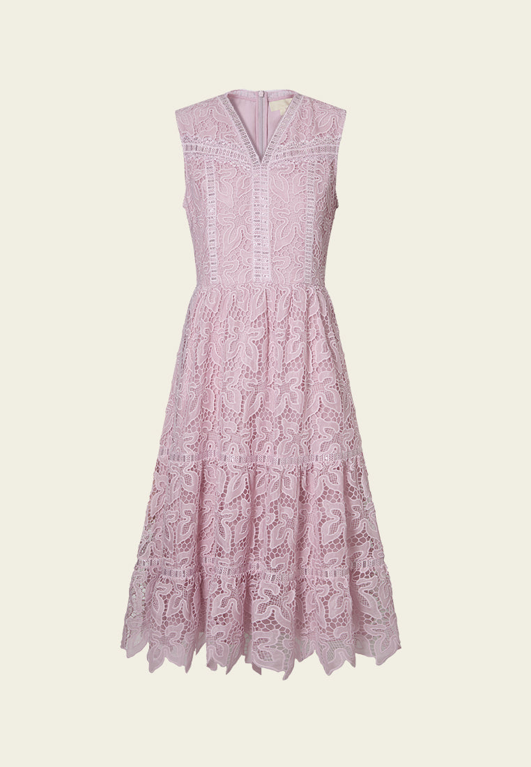 V-neck Panelled Hollow-carved Lace Dress