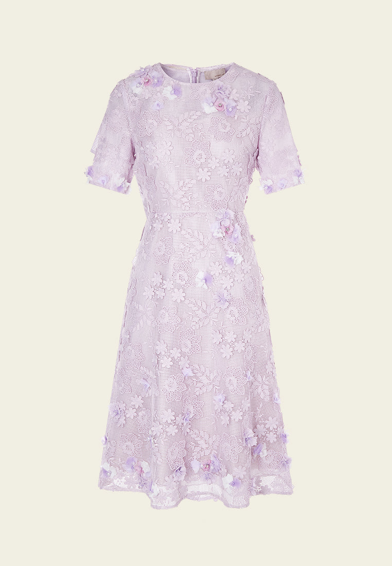 Lilac Round Neck Lace Midi Dress