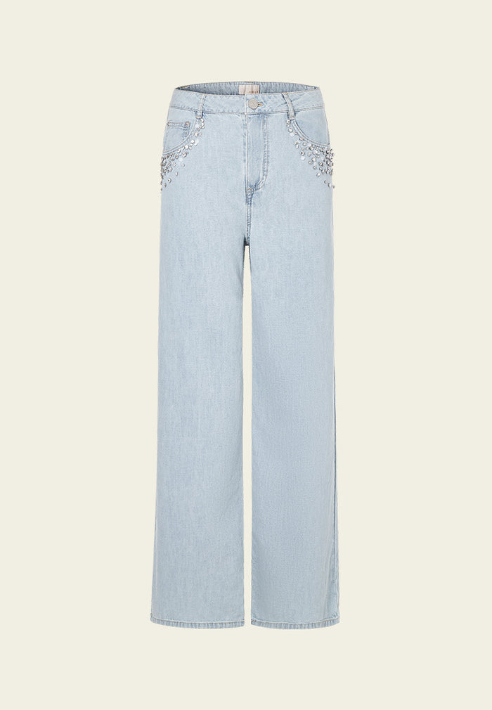 Rhinestone and Sequin Eembellished Straight-leg Jeans