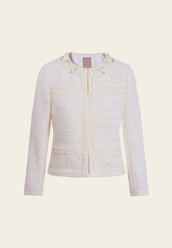 Crystal-Embellished Lace-Trim Tweed Jacket