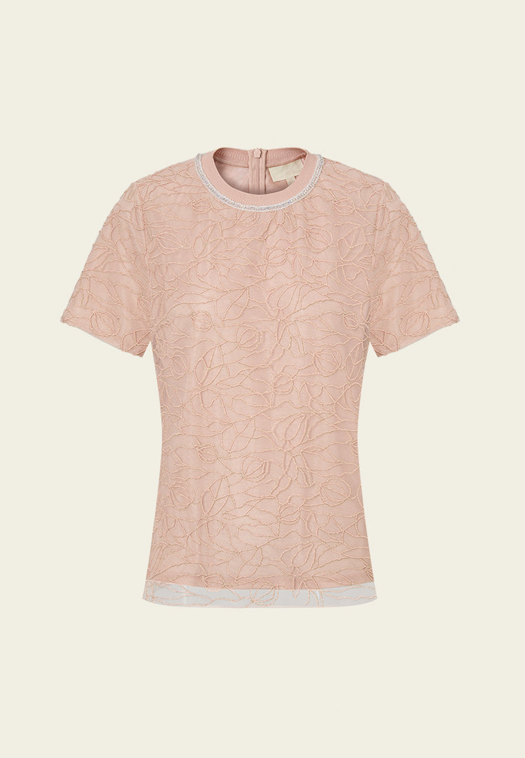 Floral-embroidery Ribbed Crew-neck Mesh T-shirt