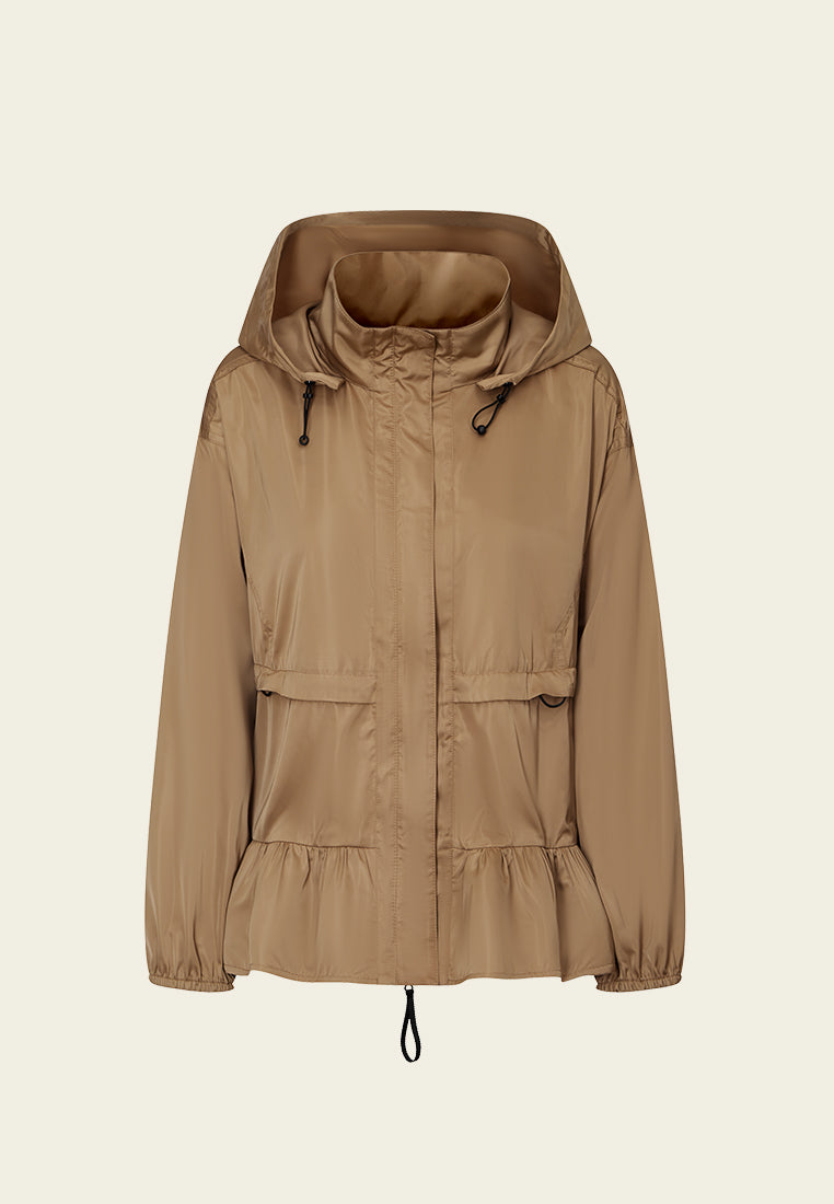 Consealed-fastening Ruffled-hem Hooded Windbreaker