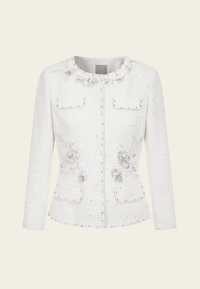 Embroidery Lace Flower Sequin-detail Fitted-waist Jacket