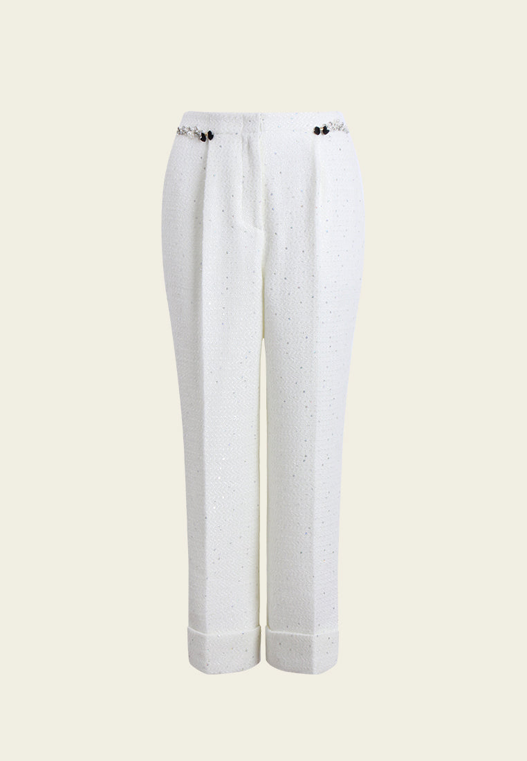 Sequin-Embellished Tweed Straight-Leg Trousers