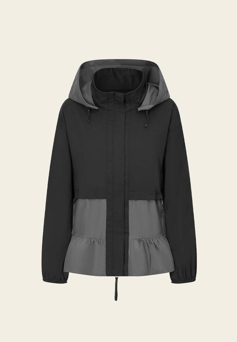 Contrast-panelled Consealed-fastening Ruffled-hem Hooded Windbreaker