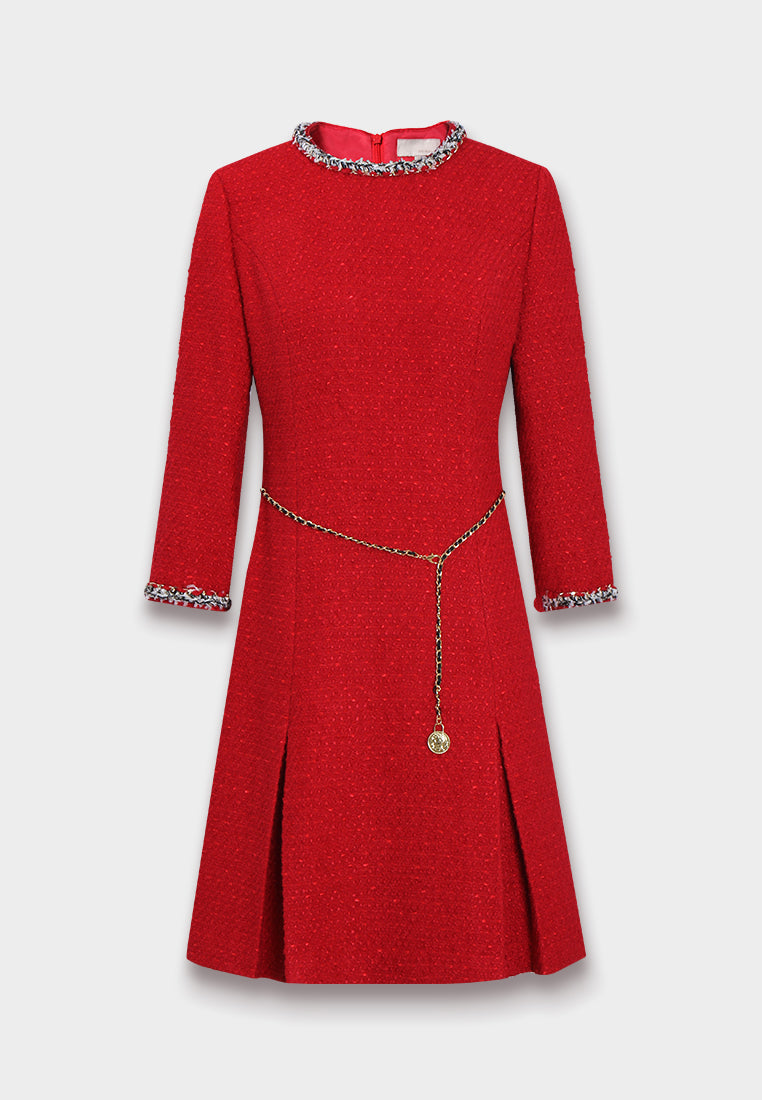 Crimson Medallion Pleated Tweed Dress