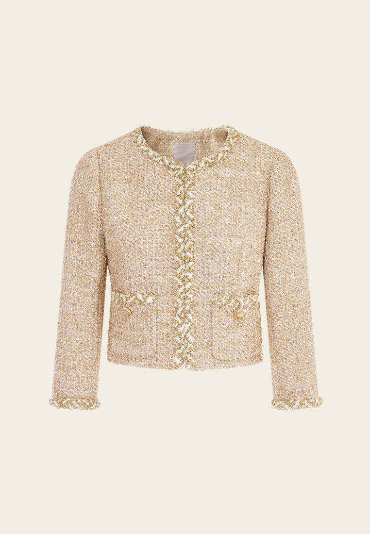 MOISELLE Braided-trim Frayed-detail Lurex Tweed Jacket