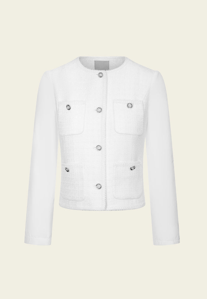 Twrill-panelled Patch-pocket Embellished-button Tweed Jacket