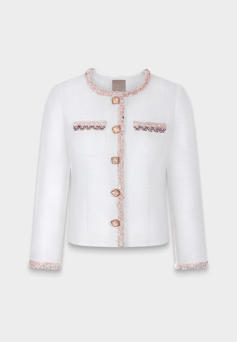 White Embellished Contrast Tweed Jacket