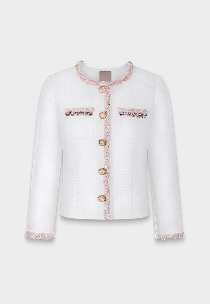 White Embellished Contrast Tweed Jacket