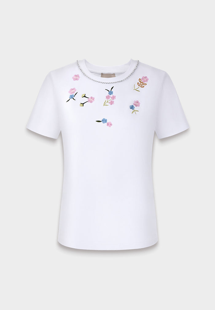 White Blossom Chain Embroidered Tee