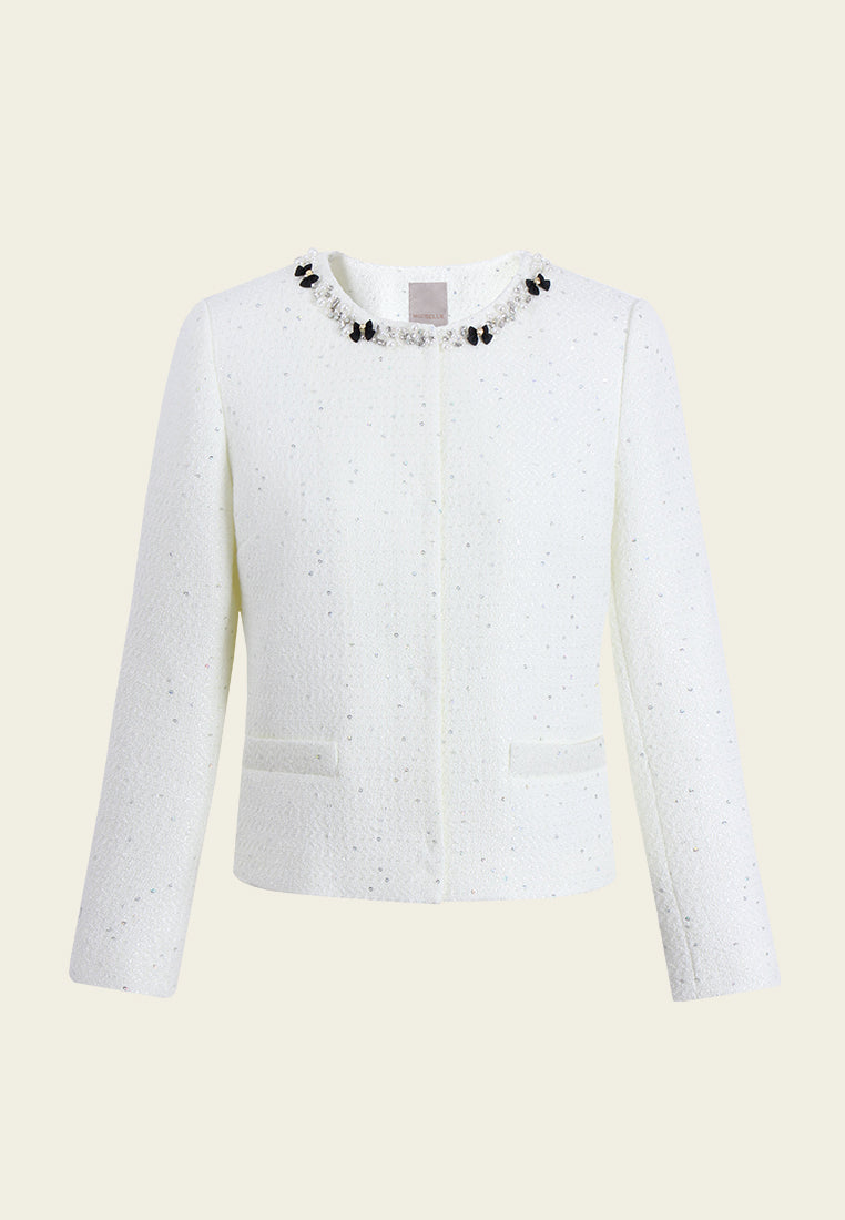 Embellished Tweed Jacket with Bow Accents