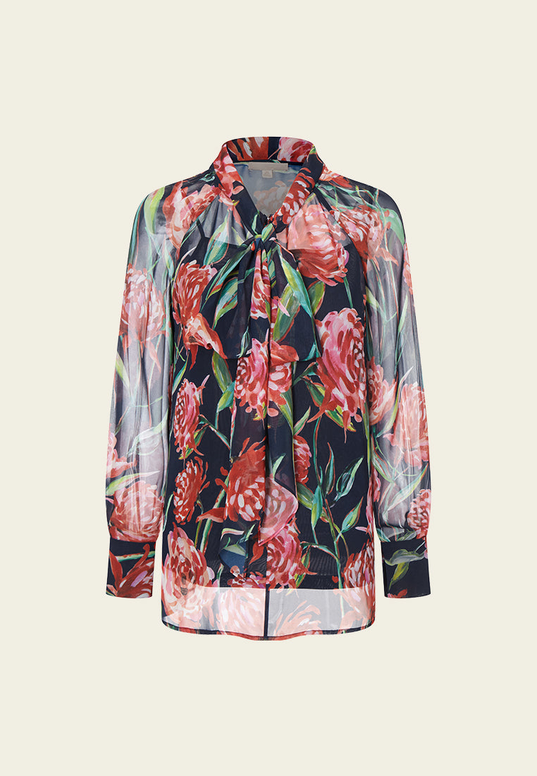 Pussy Bow Floral Pattern Chiffon Blouse