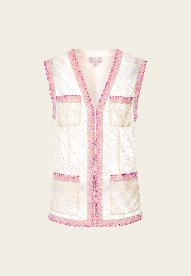 Pink Beaded Beige Lace Vest