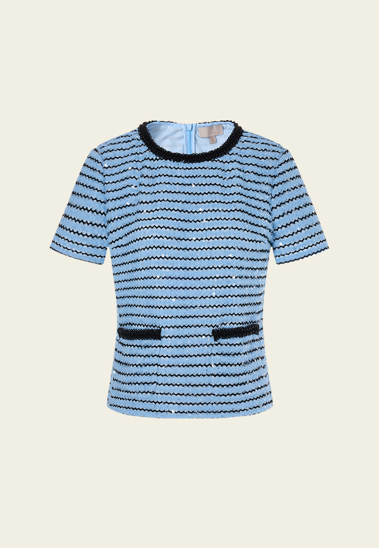 Stripe Frayed-detail Embellished Mesh Top