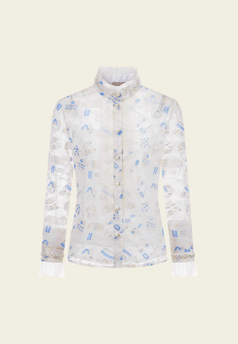 Beige Dreamy Embroiederd Stand Collar Shirt