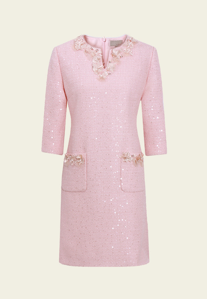 Appliqué V-neck Sequin Tweed Dress