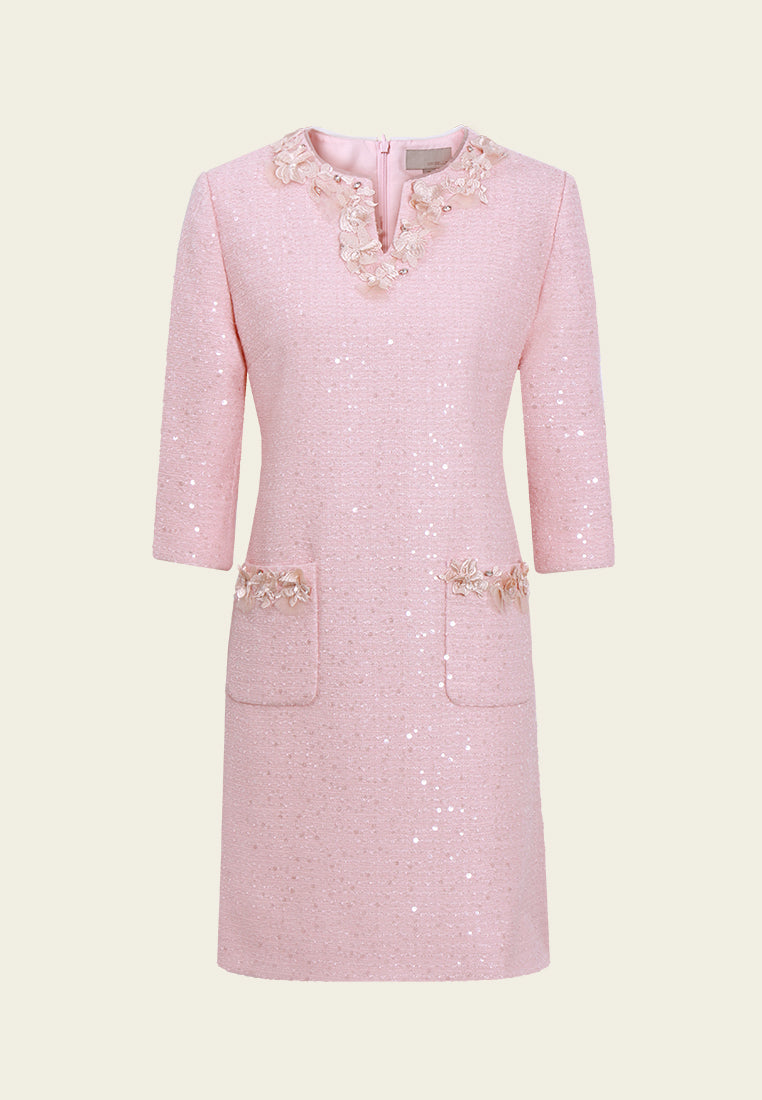 Appliqué V-neck Sequin Tweed Dress