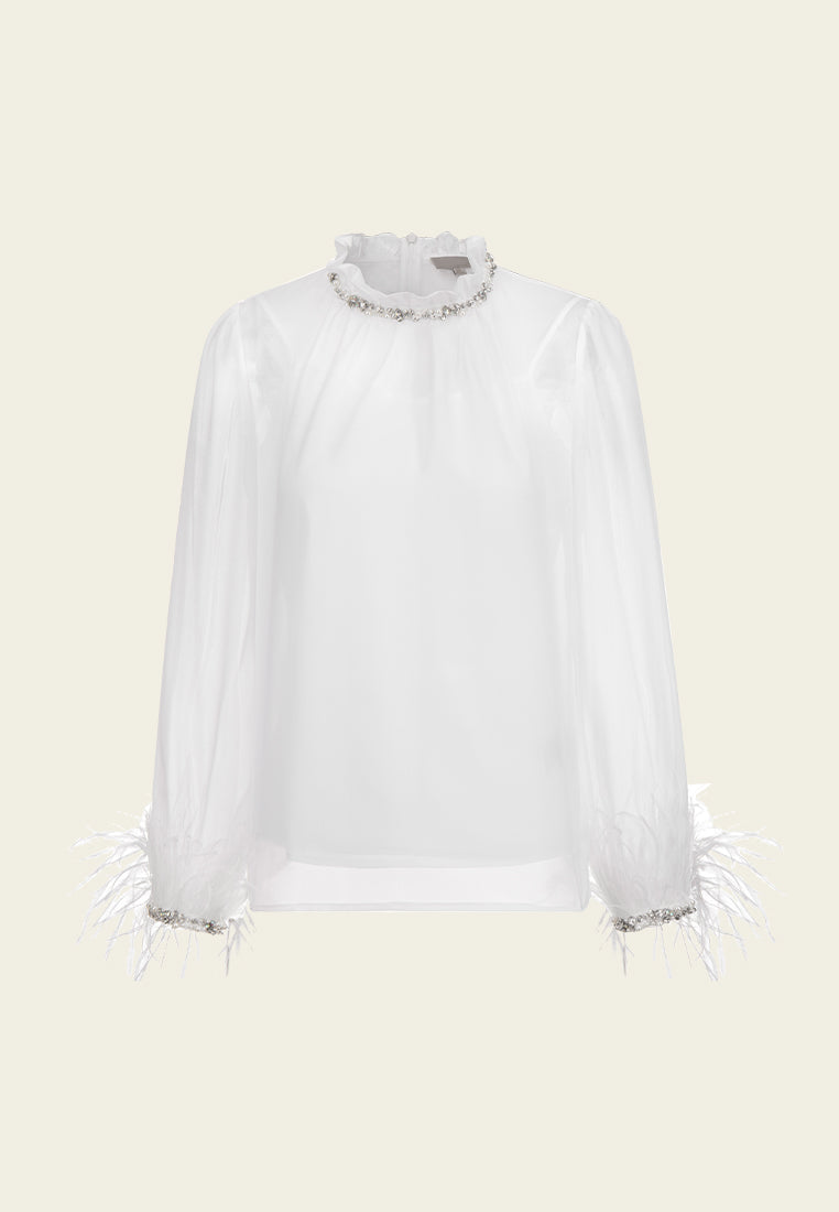 Crystal-embellished Ruffle-collar Frayed-detail Chiffon Blouse