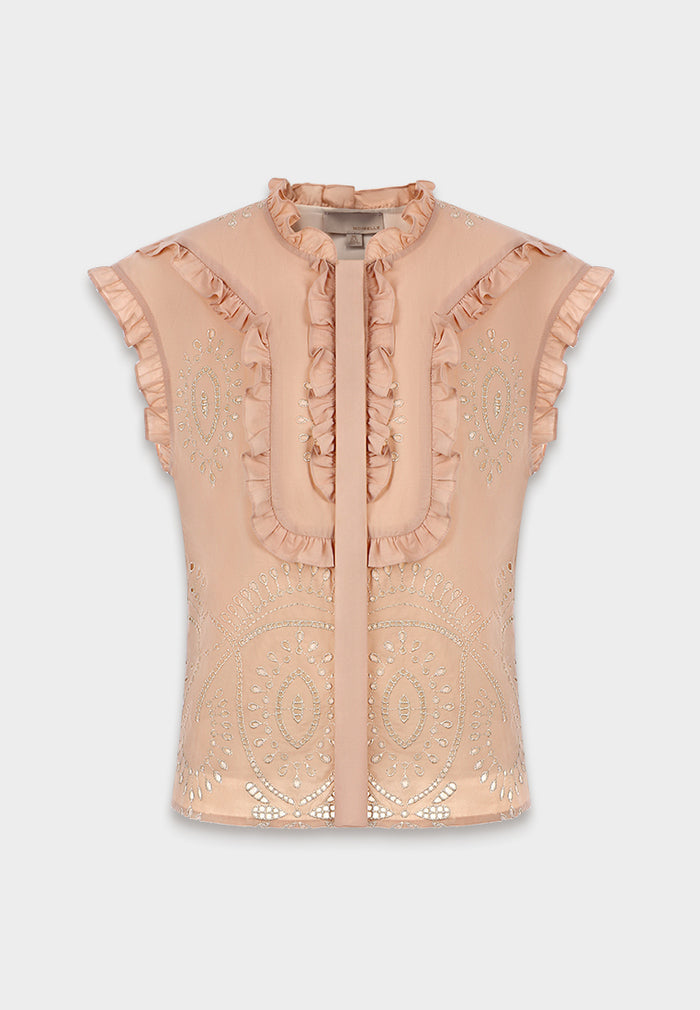 Peach Ruffle Paisley Embroidered Blouse