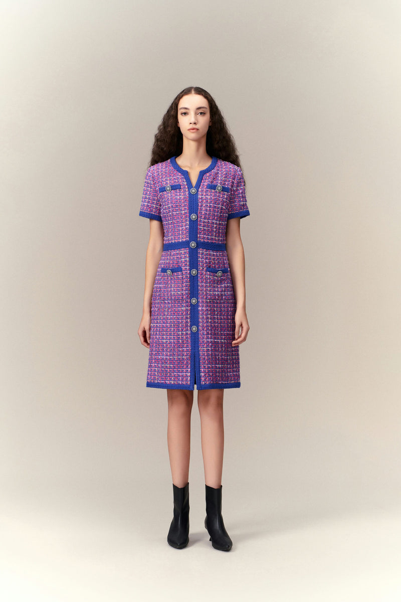 Primary Color Illusion Chunky Woven Tweed Dress
