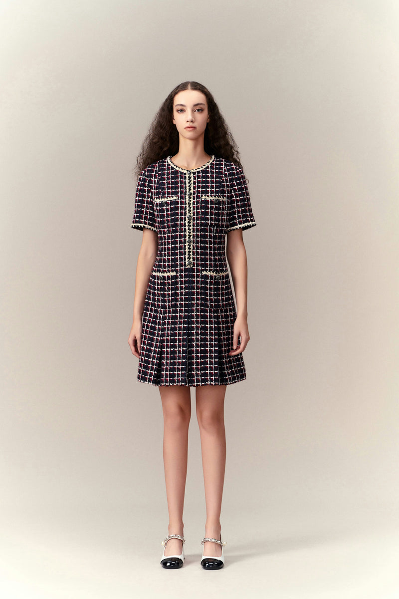 Dignified Pleat-detailed Tweed Dress