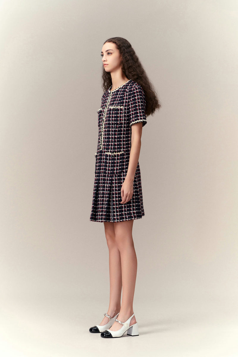 Dignified Pleat-detailed Tweed Dress