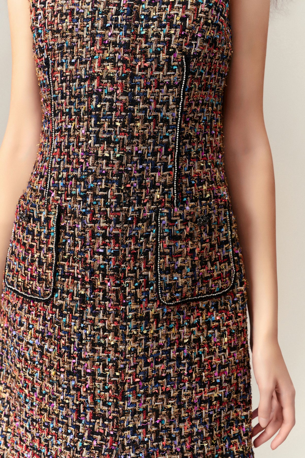 Chunky Woven Patch-pocket Sleeveless Tweed Dress
