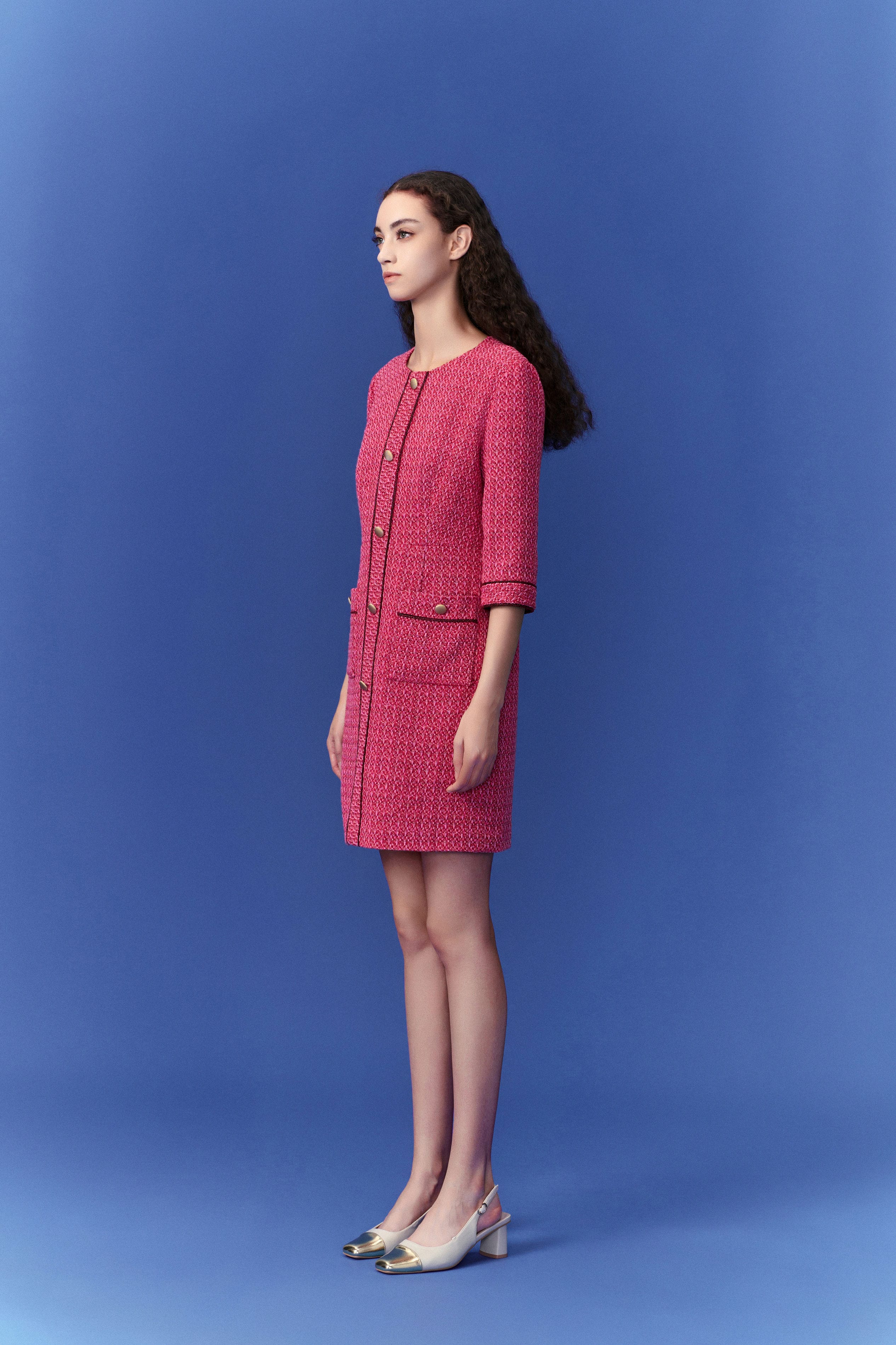 Fuchsia Pink Patch-Pocket Tweed Dress