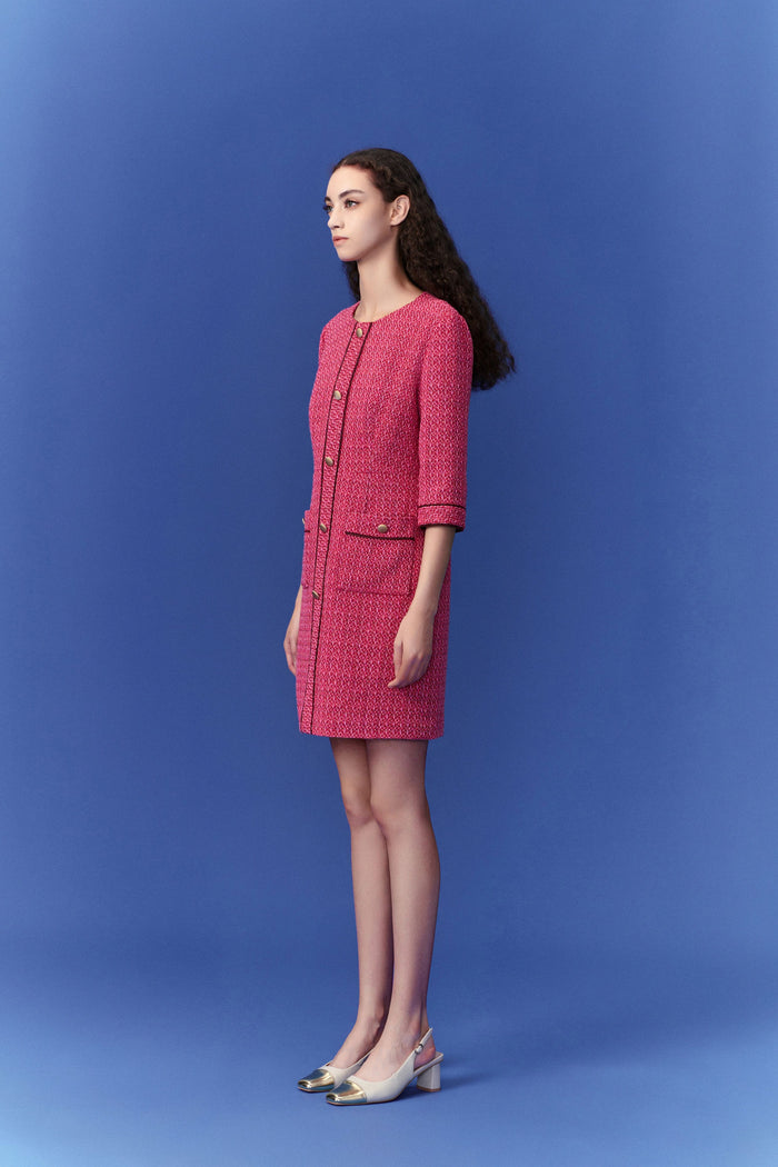 Fuchsia Pink Patch-Pocket Tweed Dress