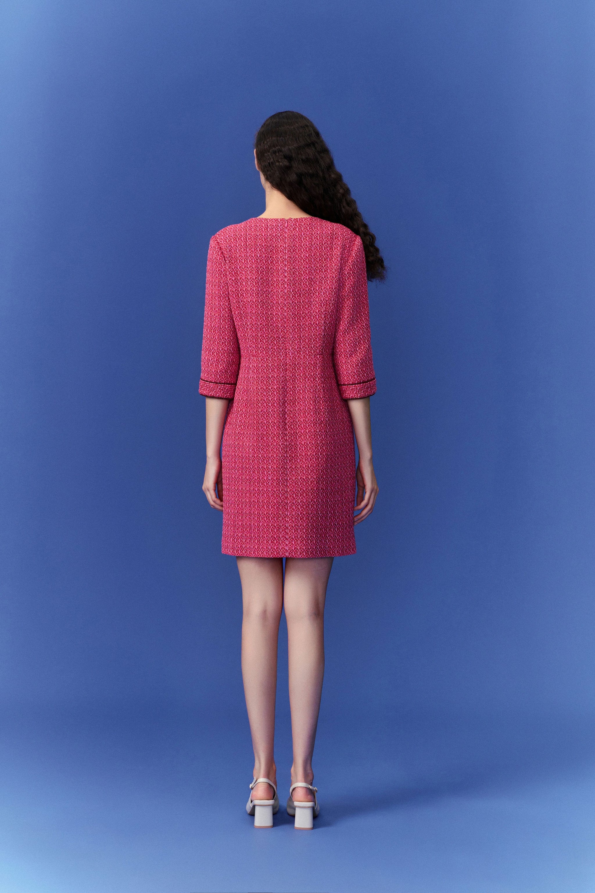 Fuchsia Pink Patch-Pocket Tweed Dress