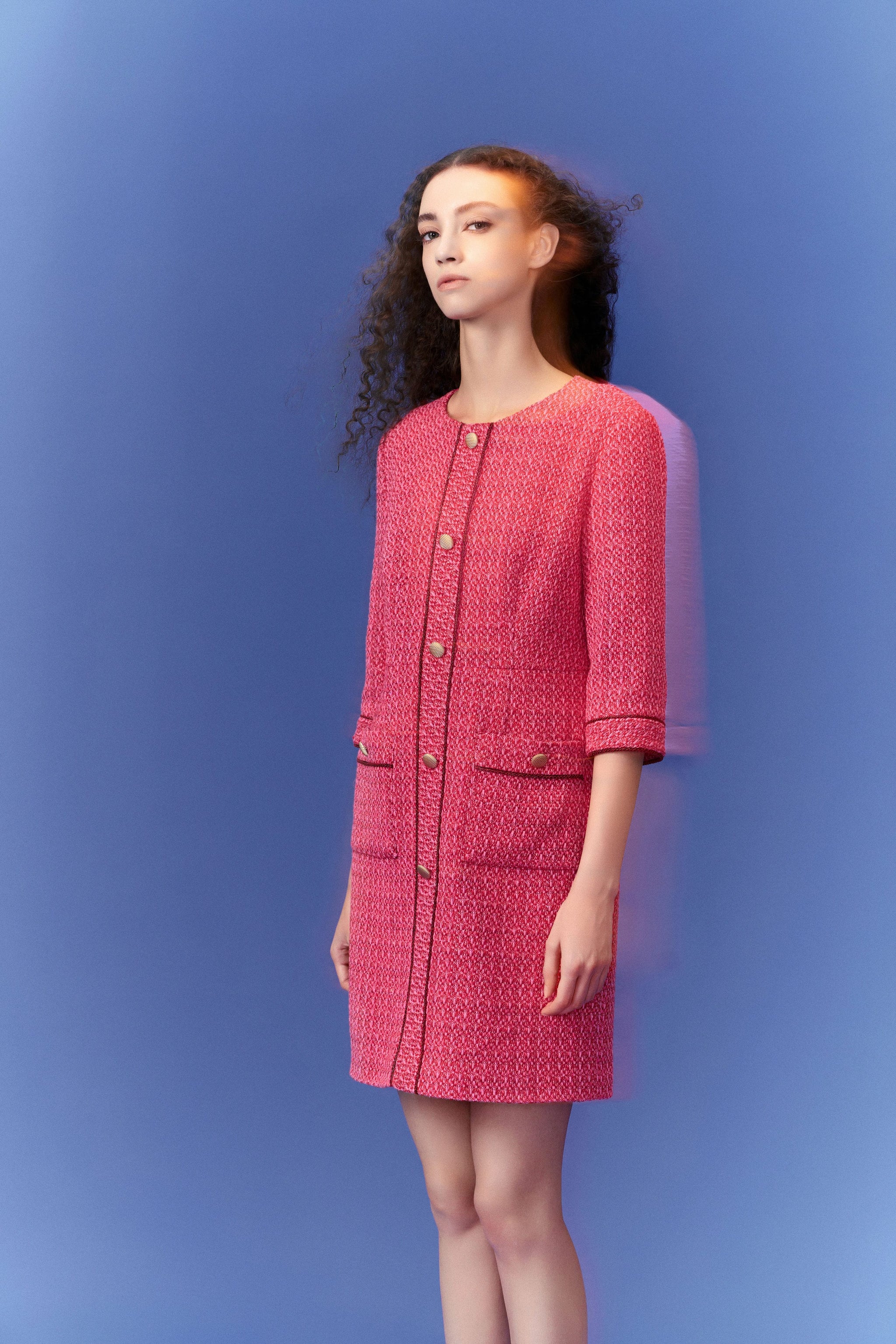 Fuchsia Pink Patch-Pocket Tweed Dress