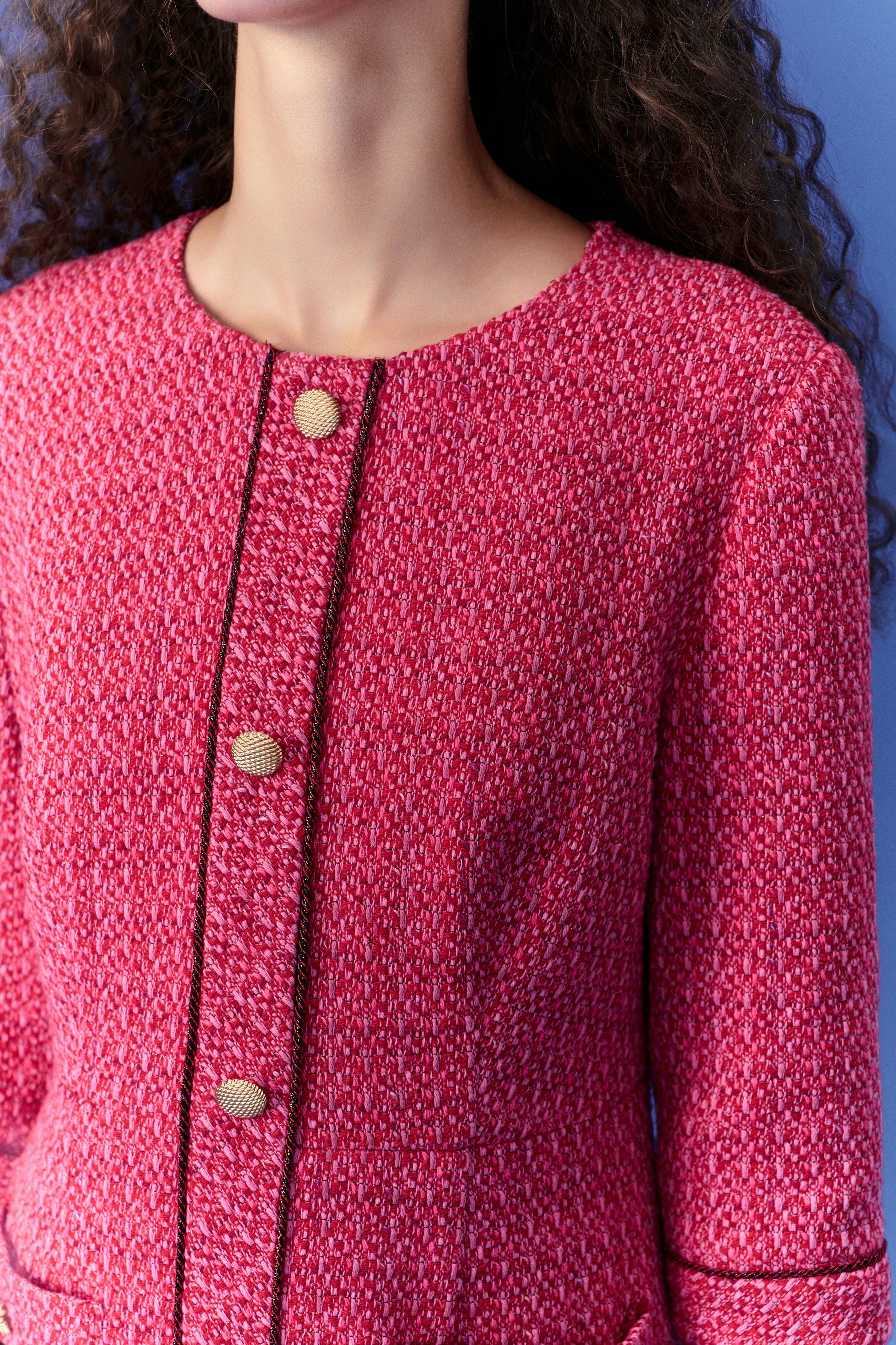 Fuchsia Pink Patch-Pocket Tweed Dress