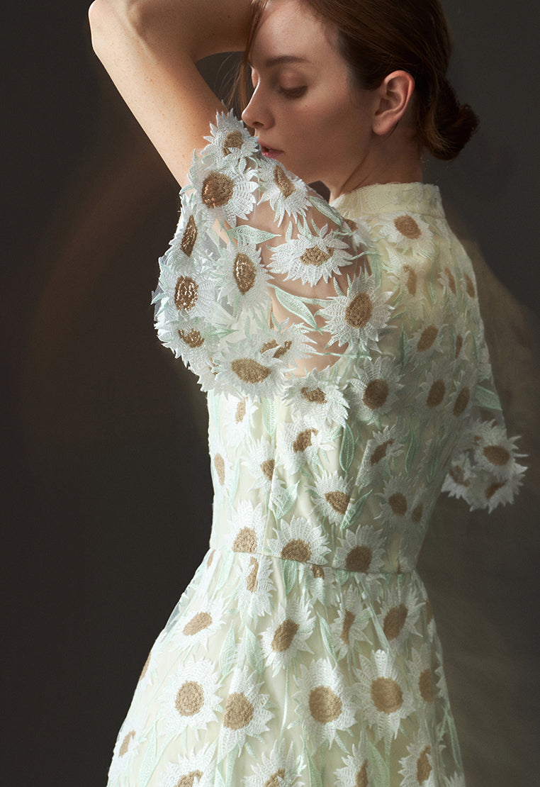 Chamomile Mix Lace Stand Collar Cocktail Dress - MOISELLE
