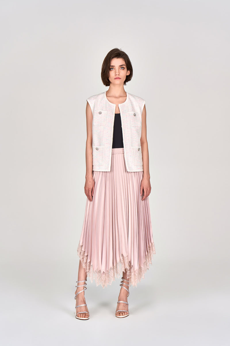 Pink Satin Pleated Midi Skirt