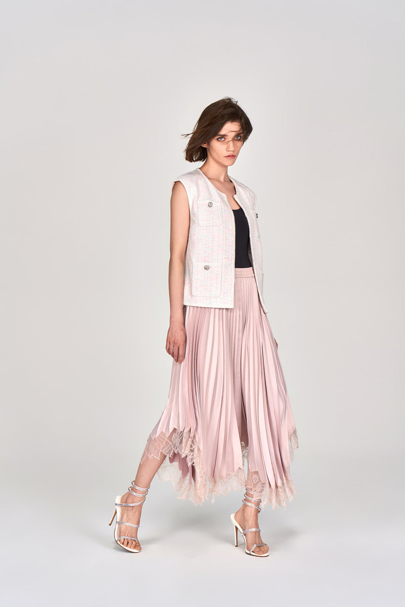 Pink Satin Pleated Midi Skirt