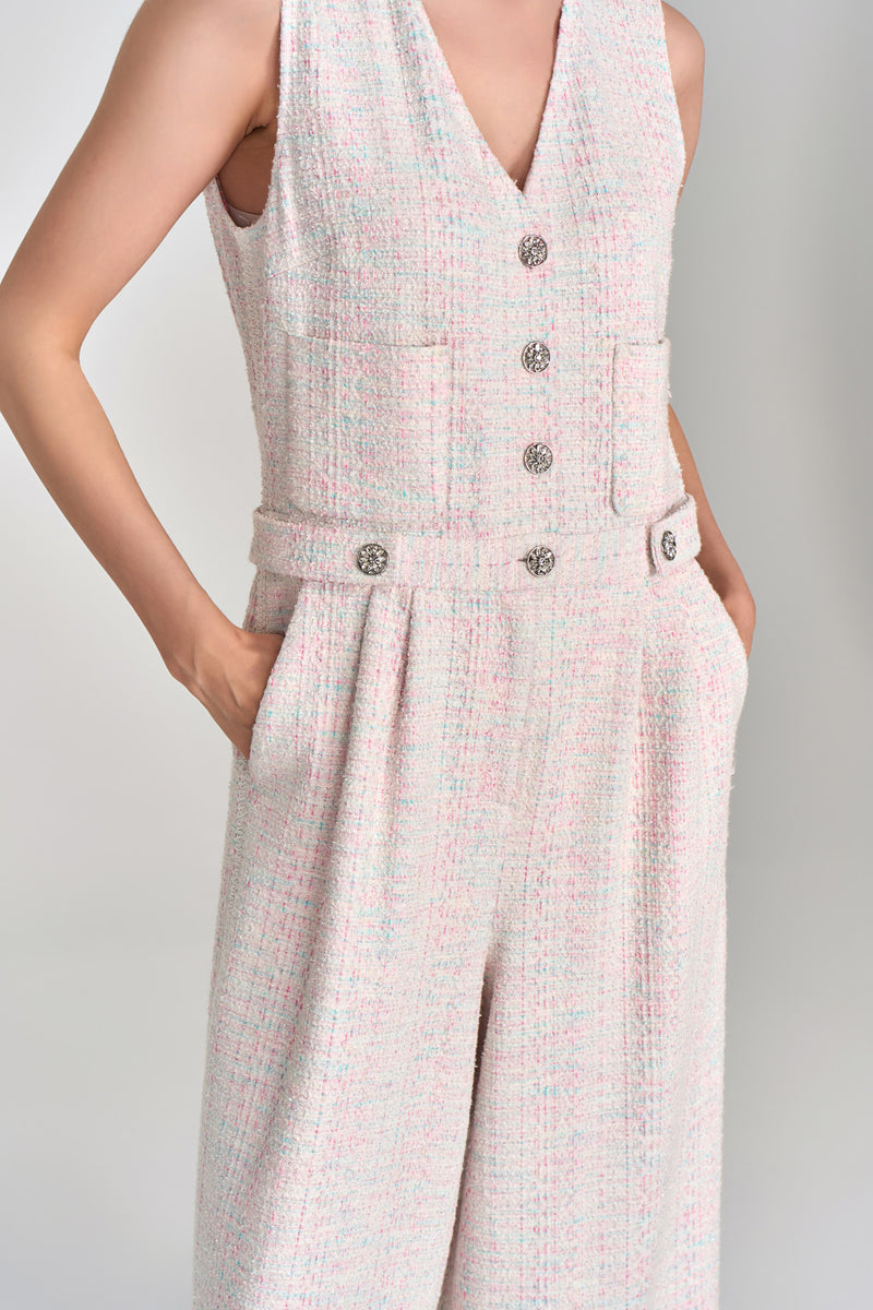 Cotton Candy V-neck Stretch Tweed Jumpsuit MOISELLE