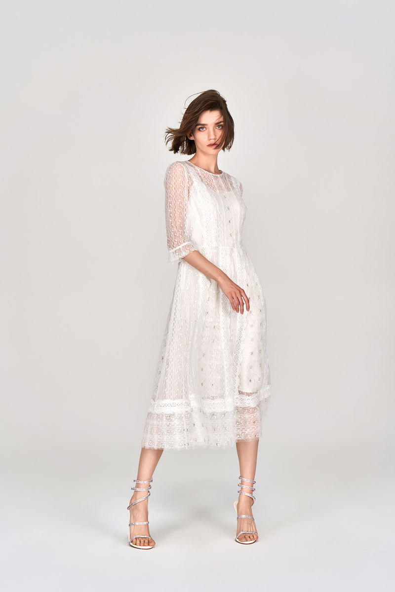 white lace mid length dress Lady Black Tie - Medindie Dress - White Lace Open Back Dress