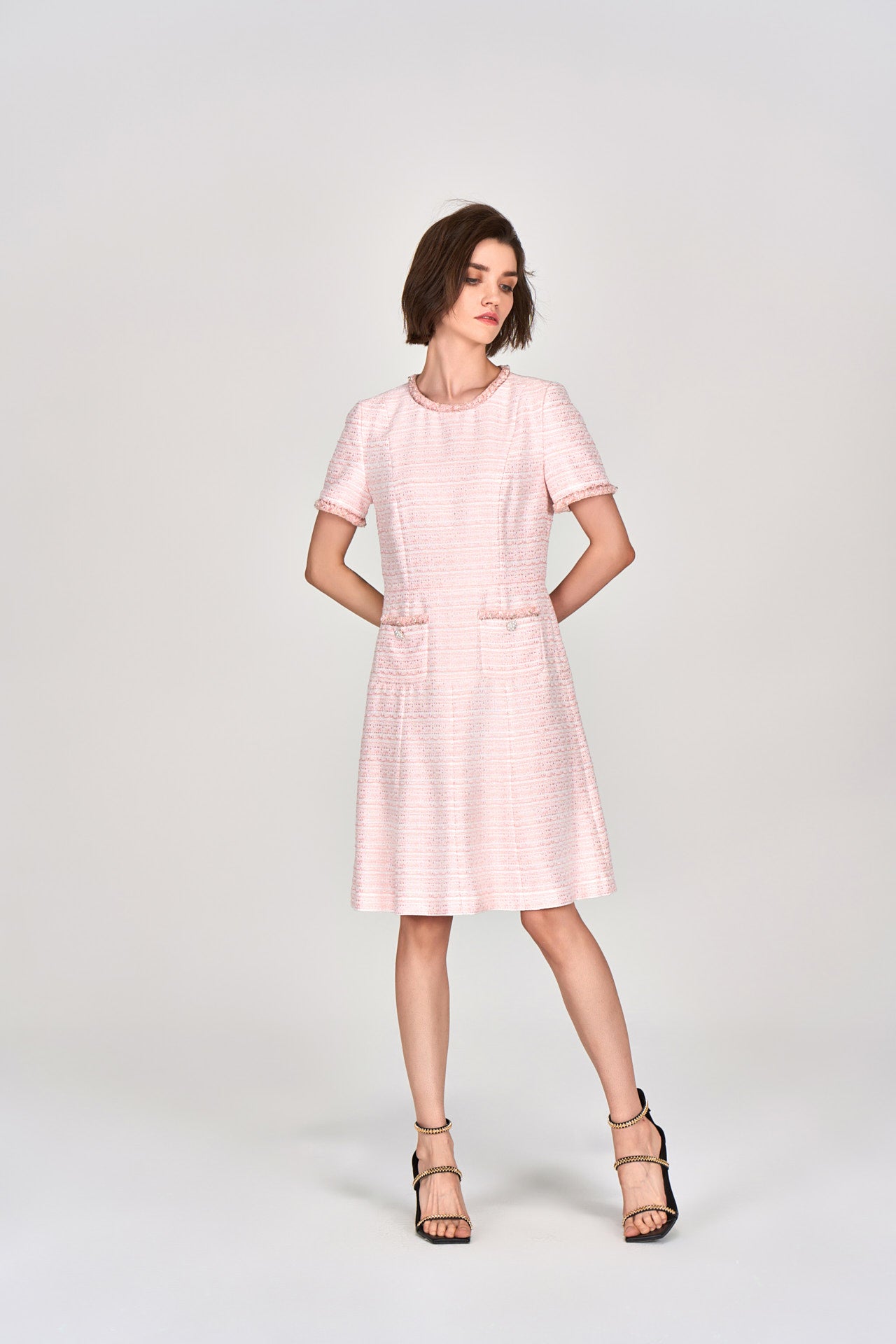 Pink Embellished Flared Tweed Dress – MOISELLE