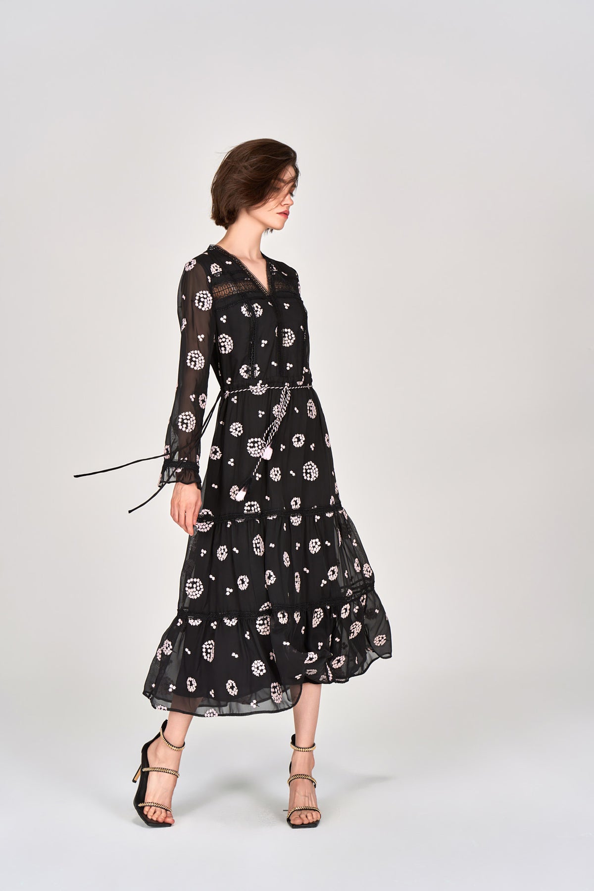 Black Embroidered Tie-waist Dress