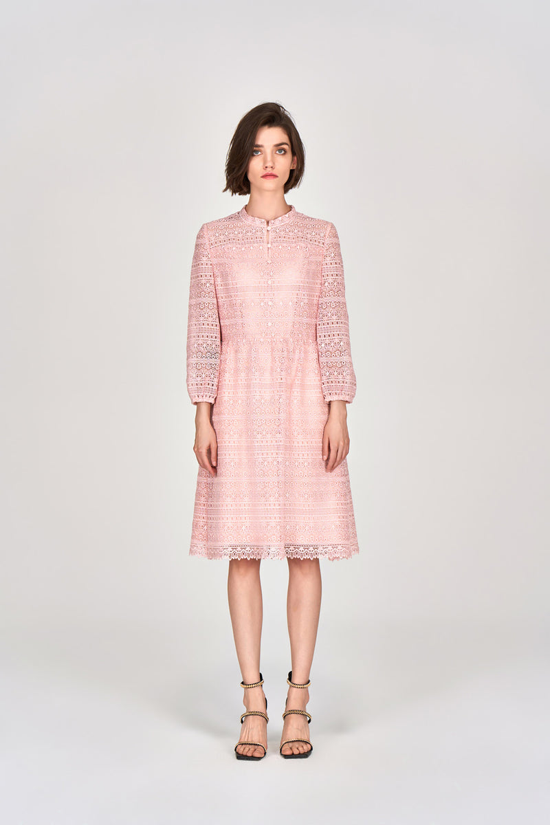 Pink Stand Collar Lace Dress