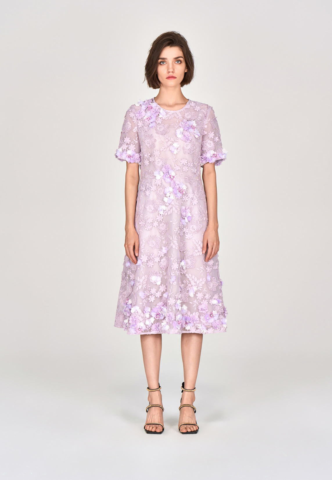 Lilac Round Neck Lace Midi Dress