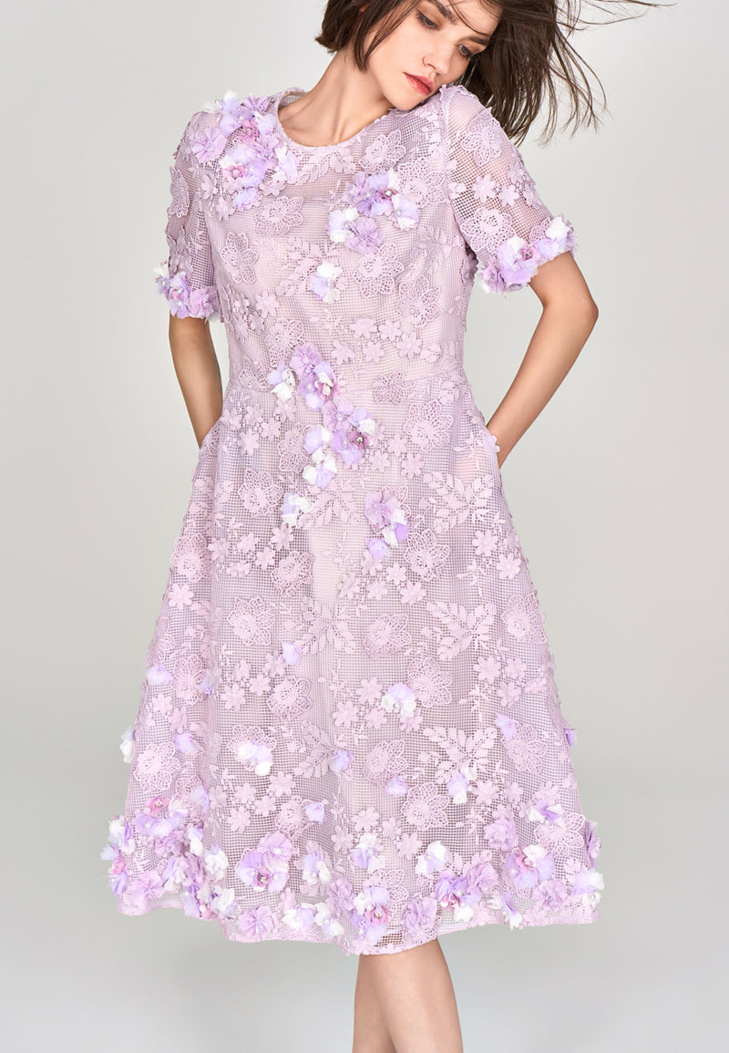 Lilac Round Neck Lace Midi Dress