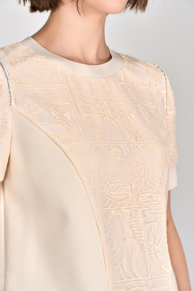Beige Embroidered Short Sleeves Top