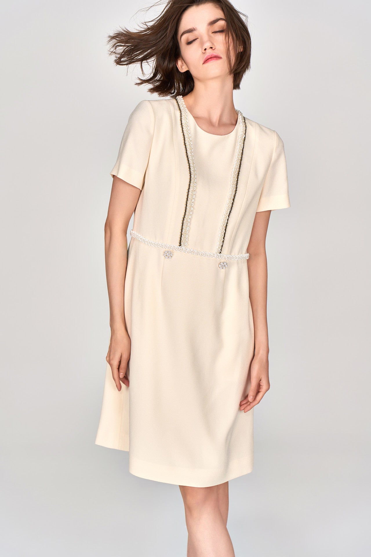 Custard Beaded Crepe Midi Dress MOISELLE