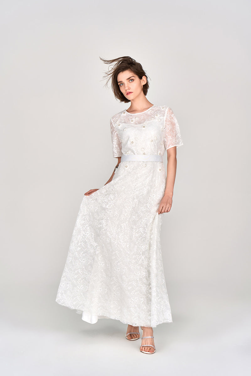 White Embellished Lace Maxi Dress