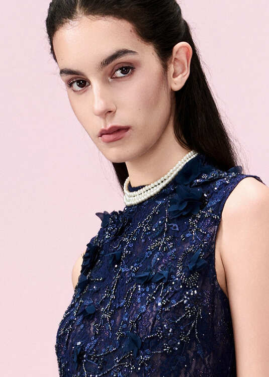 Appliqué Pleated-detail Lace Maxi Dress