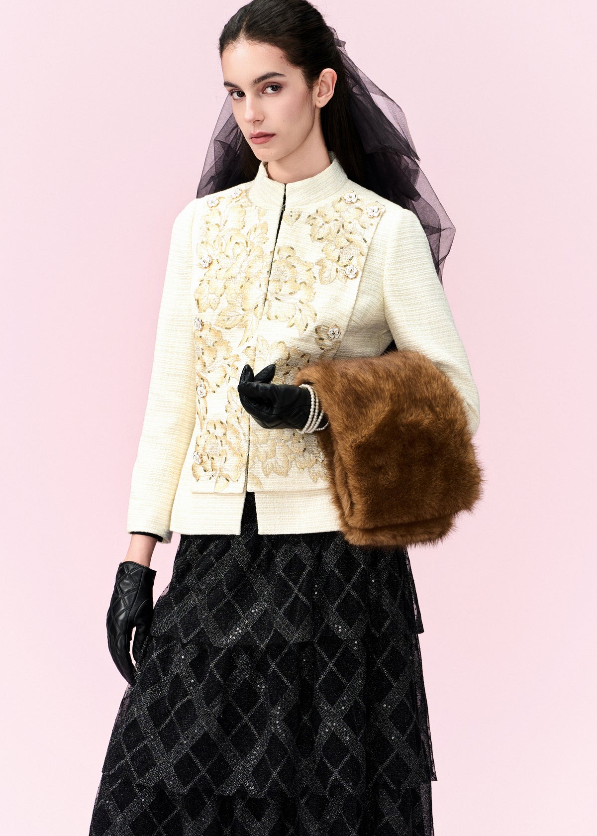 Stripped Stand-collar Floral-embroidery Lurex-detail Tweed Jacket